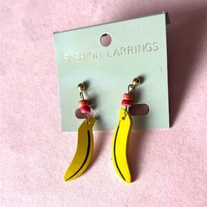 1980s Wooden Banana Earrings: Kitsch Retro Fruit Jewelry New